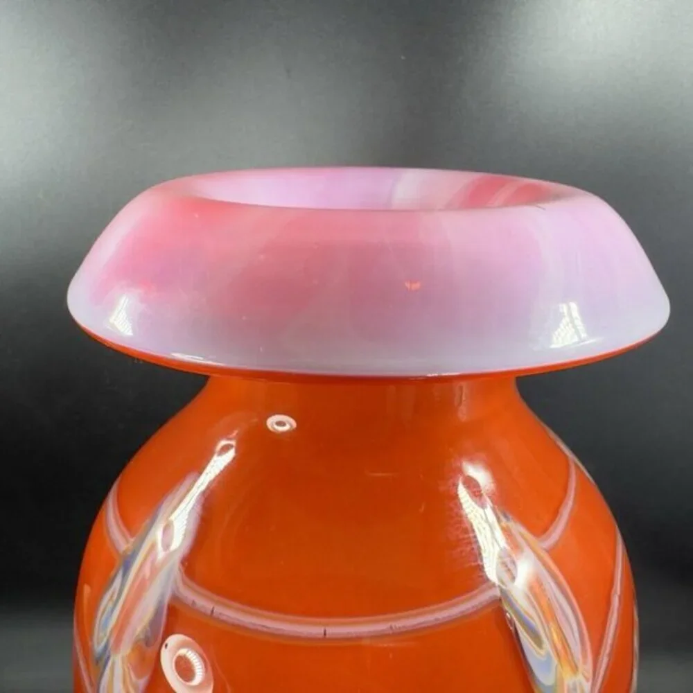 Tall Art Glass Vase Vessel Mushroom Top Orange With White Swirl Glass Vase 12inc